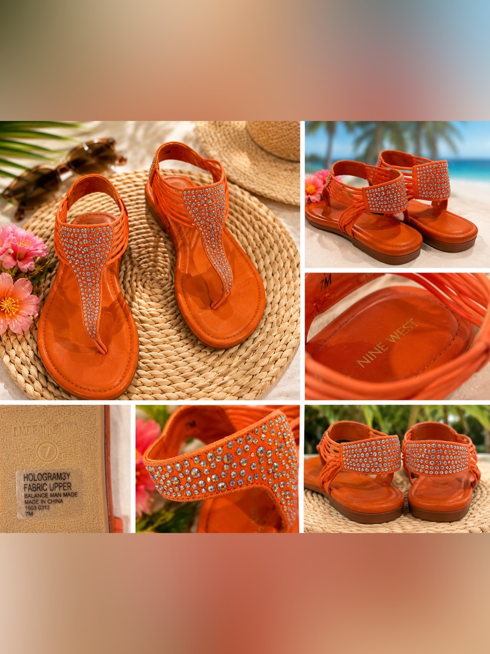 Nine West Orange Rhinestone T-Strap Flat Sandals Women’s Size 7